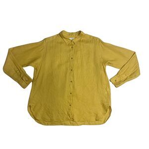 UniQlo Women's Linen Button Down Shirt Size XL Collared Cuff Sleeve Yellow